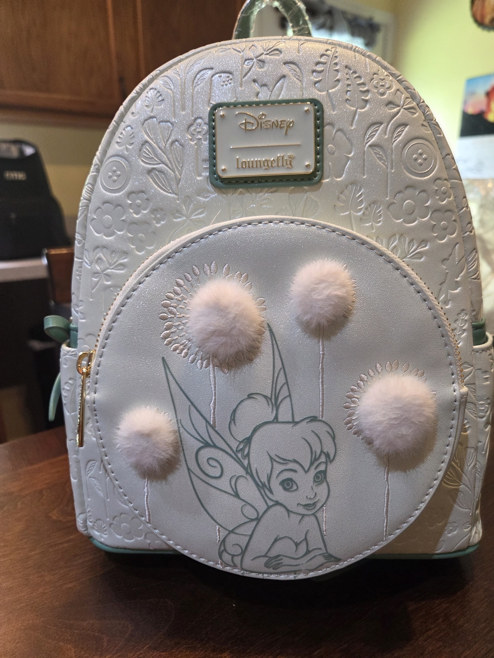 Loungefly White and Mint Tinker Bell Kids Backpack with Pink Pom Poms